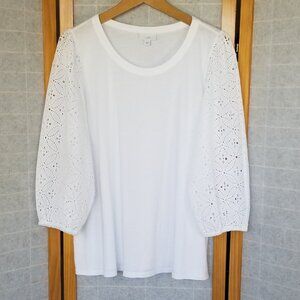 J. Jill Mixed-Media Eyelet-Sleeves Top White Size Medium